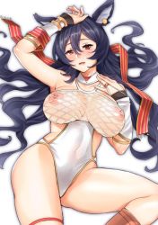 Rule 34 | 1girl, animal ears, black hair, blush, breasts, covered navel, detached sleeves, emua, erune, fishnet top, fishnets, granblue fantasy, hair between eyes, ilsa34660285, large breasts, long hair, looking at viewer, lying, nipples, on back, one-piece swimsuit, open mouth, red eyes, solo, swimsuit, white one-piece swimsuit