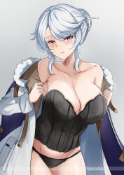 1girl absurdres artist_name bare_shoulders black_panties blush bodice breasts bright_pupils cleavage coat collarbone commentary corset cowboy_shot english_commentary grey_background groin hair_bun hair_ornament hairpin heavy_breathing highres large_breasts looking_at_viewer medium_hair midriff_peek open_clothes open_coat panties parted_lips purple_eyes removing_coat sidelocks smile solo sweat swept_bangs tian_kazuki underwear white_coat white_hair white_pupils wuthering_waves xinyi_(wuthering_waves)