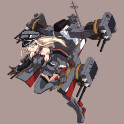 Rule 34 | 10s, 1girl, ankle boots, bare shoulders, bismarck (kancolle), blonde hair, blue eyes, boots, breasts, brown background, brown gloves, detached sleeves, full body, gloves, grey footwear, hat, kantai collection, large breasts, leg up, long hair, looking at viewer, machinery, military, military hat, military uniform, peaked cap, red thighhighs, sideboob, simple background, solo, thighhighs, tokino, uniform