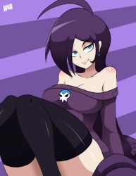 Rule 34 | 1girl, bare shoulders, bigdead, blue eyes, breasts, highres, large breasts, lips, long hair, mature female, off-shoulder, off-shoulder sweater, off shoulder, aged up, purple hair, sweater, thighhighs, zone-tan