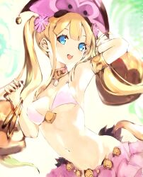 Rule 34 | 1girl, arm up, bangle, bare shoulders, bell, bikini, blonde hair, blue eyes, bracelet, breasts, frilled skirt, frills, gold armlet, gold choker, highres, holding, holding weapon, jewelry, jingle bell, kakuwashi, long hair, looking at viewer, medium breasts, navel, open mouth, pink headwear, pink skirt, refrain no chika meikyuu to majo no ryodan, sideboob, simple background, sketch, skirt, solo, string bikini, swimsuit, theatrical star, upper body, very long hair, weapon, white bikini