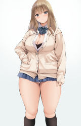 Rule 34 | 1girl, absurdres, blue bow, blue bowtie, blue skirt, blunt bangs, blush, bow, bowtie, breasts, brown hair, cardigan, cleavage, closed mouth, gradient background, grey background, grey eyes, gyaru, highres, kneehighs, large breasts, long sleeves, medium hair, mole, mole on breast, neneneji, original, panties, pink panties, shirt, simple background, skirt, socks, standing, thick thighs, thighs, underwear, white background, white shirt