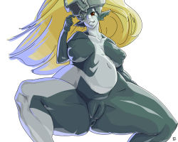 Rule 34 | 1girl, anus, blonde hair, breasts, cleft of venus, fat mons, grin, helmet, hip focus, large breasts, long hair, midna, monster girl, nintendo, nude, okiyo, pointy ears, pregnant, pussy, red eyes, simple background, smile, solo, the legend of zelda, the legend of zelda: twilight princess, thick thighs, thighs, uncensored, wide hips