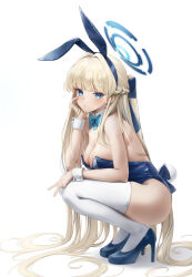 Rule 34 | 1girl, 29hyeon, absurdres, animal ears, bare shoulders, blonde hair, blue archive, blue bow, blue bowtie, blue eyes, blue hairband, blue leotard, bow, bowtie, breasts, cleavage, closed mouth, detached collar, elbow rest, fake animal ears, from side, full body, hairband, halo, high heels, highres, leotard, long hair, looking at viewer, medium breasts, official alternate costume, rabbit ears, solo, squatting, thighhighs, thighs, toki (blue archive), toki (bunny) (blue archive), v, very long hair, white thighhighs, wrist cuffs