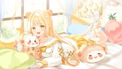 Rule 34 | 1girl, :3, absurdres, banana, banana peel, bed, bed sheet, bedroom, blonde hair, cat tail, character request, child, copyright request, curtains, cushion, ears, food, fruit, highres, long hair, looking at viewer, lying, matching hair/eyes, monkey, monkey tail, on stomach, ornament, picture frame, pillow, pocket, sayan, school uniform, skirt, smile, socks, stuffed animal, stuffed toy, tagme, tail, teddy bear, thighs, wallpaper, window, yellow eyes