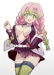 Rule 34 | 1girl, blunt bangs, blush, breasts, breasts apart, center opening, green eyes, green hair, groin, highres, kanroji mitsuri, kimetsu no yaiba, large breasts, long sleeves, multicolored hair, no bra, open clothes, open mouth, pink hair, simple background, skirt, smile, solo, sword, thighhighs, tori (minamopa), twintails, two-tone hair, unbuttoned, unbuttoned shirt, weapon, white background, wind, wind lift