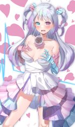Rule 34 | 1girl, absurdres, ahoge, blush, breasts, brown eyes, clothes pull, commentary, covering privates, covering breasts, dress, dress pull, frilled dress, frills, gradient hair, grey hair, heart, heart-shaped pupils, heart ahoge, heterochromia, highres, long hair, looking at viewer, mechanical arms, medium breasts, multicolored hair, no bra, open mouth, original, pink eyes, purple hair, ringopan, short dress, skirt under dress, solo, strapless, strapless dress, symbol-shaped pupils, twisted torso, two side up, wavy mouth, white dress