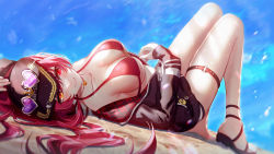 Rule 34 | 1girl, absurdres, anchor symbol, baseball cap, bikini, bikini top only, black jacket, blush, breasts, cleavage, closed mouth, collarbone, eyewear on headwear, from side, hair between eyes, hat, heart, heart-shaped eyewear, heart necklace, heterochromia, highres, hololive, houshou marine, houshou marine (summer), jacket, jewelry, knees up, large breasts, llg062666, long hair, looking at viewer, lying, necklace, o-ring, o-ring thigh strap, off shoulder, official alternate costume, official alternate hairstyle, on back, plaid, ponytail, red bikini, red eyes, red hair, sandals, shoes, single shoe, smile, solo, swimsuit, thigh strap, virtual youtuber, yellow eyes