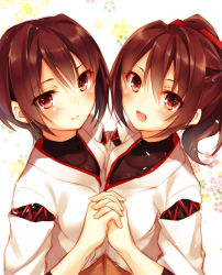 Rule 34 | 10s, 2girls, :d, brown eyes, brown hair, hair ribbon, holding hands, hyuuga (kancolle), interlocked fingers, ise (kancolle), japanese clothes, kantai collection, looking at viewer, multiple girls, open mouth, personification, ponytail, ribbon, short hair, smile, symmetrical hand pose, toosaka asagi