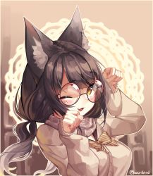 Rule 34 | 1girl, absurdres, animal ear fluff, animal ears, beige cardigan, blush, breasts, brown hair, brown scarf, cardigan, commission, fox ears, fox girl, from side, glasses, highres, indie virtual youtuber, kouri (ibubobubo), looking at viewer, low twintails, medium breasts, medium hair, open mouth, paw pose, round eyewear, scarf, solo, twintails, twitter username, virtual youtuber, yukiko aria