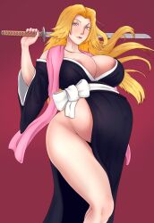 Rule 34 | 1girl, absurdres, areola slip, asshatkristi, black kimono, bleach, blonde hair, blue eyes, breasts, chain, chain necklace, female focus, highres, huge breasts, japanese clothes, jewelry, kimono, long hair, looking at viewer, matsumoto rangiku, mole, mole under mouth, nail polish, necklace, no panties, parted lips, pink scarf, pregnant, scarf, solo, sword, weapon