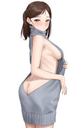 Rule 34 | 1girl, absurdres, ass, ayase honoka, blush, breasts, brown hair, butt crack, clothes tug, commission, grey sweater, highres, idolmaster, idolmaster cinderella girls, large breasts, looking at viewer, looking back, meme attire, naked sweater, shinonome shake, sideboob, simple background, skeb commission, solo, sweater, sweater tug, virgin killer sweater, white background, yellow eyes