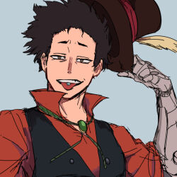 Rule 34 | 1boy, black hair, boku no hero academia, bolo tie, brown eyes, gloves, hat, hat feather, male focus, marone emochi, messy hair, mr. compress, open mouth, piercing, popped collar, simple background, smile, solo, spoilers, tongue piercing, top hat, upper body, vest, white gloves