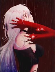 Rule 34 | 1girl, acheron (honkai: star rail), black choker, blood, bloody tears, body markings, breasts, choker, colored extremities, commentary request, detached sleeves, flower, from side, glitch, gradient hair, hand on own head, hand up, highres, honkai: star rail, honkai (series), large breasts, li lll il, long hair, looking up, multicolored hair, official alternate color, official alternate hair color, parted lips, profile, purple hair, rain, red eyes, red flower, red hands, single bare shoulder, solo, white hair, wide-eyed