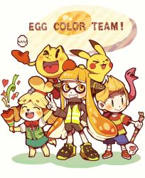 Rule 34 | agent 3 (splatoon), animal crossing, animal ears, baseball cap, blonde hair, blouse, blush stickers, creatures (company), dog ears, dog girl, dog tail, egg, english text, furry, furry female, game freak, gen 1 pokemon, hair ornament, hat, inkling, inkling girl, inkling player character, isabelle (animal crossing), jacket, jewelry, long hair, lucas (mother 3), mother (game), mother 2, mother 3, nintendo, open mouth, pac-man (game), pikachu, poke ball, pokemon, pokemon (creature), shirt, skirt, smile, splatoon (series), splatoon 2, squid, squidbeak splatoon, striped clothes, striped shirt, super smash bros., tail, teijiro, tentacle hair, topknot, yellow theme