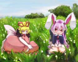 Rule 34 | 2girls, animal ears, blonde hair, blue sky, blurry, bubble skirt, cloud, day, depth of field, elbows on knees, flower, grass, grey eyes, hair ribbon, head rest, hugging own legs, jacket, knees to chest, light frown, light purple hair, light smile, lily of the valley, lips, long hair, looking at viewer, looking down, meadow, medicine melancholy, mountain, multiple girls, outdoors, pleated skirt, puffy short sleeves, puffy sleeves, rabbit ears, red eyes, reisen udongein inaba, ribbon, sakuya (sa ku yan), short hair, short sleeves, skirt, sky, squatting, suit jacket, touhou, tree, very long hair