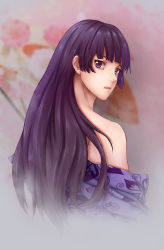 Rule 34 | 1girl, animal print, back, bare shoulders, black hair, breeze, breeze (wcf), butterfly print, female focus, highres, hime cut, japanese clothes, lips, long hair, looking at viewer, looking back, neck, off shoulder, original, purple eyes, purple hair, serious, solo, upper body