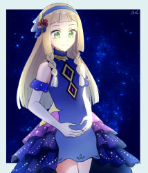 Rule 34 | 1girl, bad id, bad twitter id, bare shoulders, blonde hair, blue dress, blue hairband, border, braid, closed mouth, commentary request, creatures (company), dress, elbow gloves, eyelashes, frills, game freak, gloves, gradient dress, green eyes, grey border, hairband, highres, lillie (anniversary 2021) (pokemon), lillie (pokemon), long hair, looking down, nintendo, official alternate costume, own hands together, pokemon, pokemon masters ex, signature, smile, solo, tere asahi, turtleneck, turtleneck dress, twin braids, white gloves