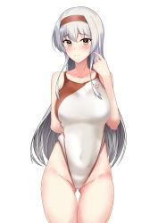Rule 34 | 1girl, absurdres, arm behind back, blush, breasts, competition swimsuit, gluteal fold, grey hair, hachimaki, hair between eyes, headband, highleg, highres, kantai collection, large breasts, long hair, looking at viewer, multicolored clothes, multicolored swimsuit, navel, one-piece swimsuit, shoukaku (kancolle), silver one-piece swimsuit, simple background, sing152, smile, solo, swimsuit, thigh gap, thighs, tight clothes, white background, white one-piece swimsuit, yellow eyes