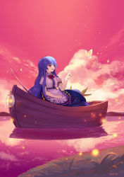 Rule 34 | 1girl, ainy, bad id, bad pixiv id, blue hair, boat, bug, butterfly, cloud, dress, hat, unworn hat, unworn headwear, highres, hinanawi tenshi, bug, lake, long hair, nature, open mouth, puffy sleeves, red eyes, scenery, short sleeves, sitting, sky, smile, solo, touhou, watercraft