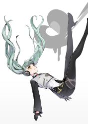Rule 34 | 1girl, absurdres, belt, blue hair, boots, cropped jacket, dripping, falling, garter straps, gloves, half gloves, hatsune miku, headphones, heart, highres, legs up, long hair, long sleeves, looking up, nagitofuu, pantyhose, parted lips, shorts, solo, thigh boots, twintails, unhappy refrain (vocaloid), very long hair, vocaloid, yellow eyes