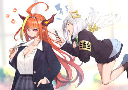 Rule 34 | 2girls, ahoge, alternate costume, amane kanata, anger vein, armband, blazer, blonde hair, blurry, blurry background, breasts, commentary request, detached wings, floating, halo, hand in pocket, highres, hololive, horns, huge ahoge, jacket, kiryu coco, large breasts, long hair, long sleeves, mechanical pencil, mikan (chipstar182), multicolored hair, multiple girls, open jacket, open clothes, open jacket, orange hair, pencil, pointy ears, red eyes, short hair, shouting, silver hair, streaked hair, v-shaped eyebrows, virtual youtuber, wings