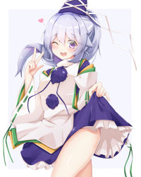 Rule 34 | 1girl, :d, blue hat, blue skirt, border, clothes lift, cowboy shot, grey background, grey hair, hat, heart, japanese clothes, kariginu, long hair, long sleeves, looking at viewer, mononobe no futo, one eye closed, open mouth, pom pom (clothes), ponytail, purple eyes, ribbon-trimmed sleeves, ribbon trim, rururiaru, simple background, skirt, skirt lift, smile, solo, standing, tate eboshi, thighs, touhou, turtleneck, w, white border, wide sleeves