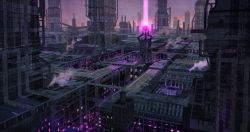 Rule 34 | building, city, commentary, glowing, hayapi (sinsin08051), highres, industrial, industrial pipe, laser, no humans, original, outdoors, science fiction, skyscraper, steam, urban, window