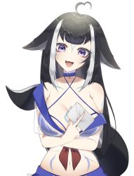 Rule 34 | 1girl, absurdres, ahoge, animal ears, arm tattoo, ashiiiwa, belt collar, bikini, bikini under clothes, black hair, blue bikini, blue collar, blue skirt, breasts, cetacean tail, chest tattoo, cleavage, collar, commentary, english commentary, envelope, facial tattoo, fang, fins, fish tail, halterneck, heart, heart ahoge, highres, holding, holding envelope, indie virtual youtuber, large breasts, leg tattoo, looking at viewer, multicolored hair, navel, open mouth, orca girl, purple eyes, school uniform, see-through, see-through shirt, serafuku, shirt, shylily, shylily (1st costume), skirt, streaked hair, swimsuit, tail, tattoo, virtual youtuber, white hair, white shirt
