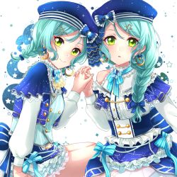 Rule 34 | 2girls, alternate hairstyle, aqua hair, bang dream!, beads, blue headwear, blue skirt, bow, braid, brooch, capelet, closed mouth, constellation hair ornament, constellation print, crescent, crescent earrings, earrings, frills, gem, gemini (constellation), green eyes, hair bow, hair ornament, hairclip, hand up, hat, hat bow, highres, hikawa hina, hikawa sayo, holding hands, idol, interlocked fingers, jewelry, long hair, long sleeves, looking at viewer, multiple girls, parted lips, pearl (gemstone), ribbon, shirt, siblings, single braid, siratama0629, sisters, sitting, skirt, smile, sparkle, star (symbol), star earrings, starry background, striped ribbon, taurus (constellation), twin braids, twins, vest, white background, white shirt