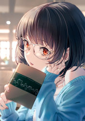 Rule 34 | 1girl, bare shoulders, black hair, blue cardigan, blurry, blurry background, book, camisole, cardigan, collarbone, glasses, hand on own face, hand up, highres, holding, holding book, hyuuga azuri, indoors, jewelry, long sleeves, necklace, original, parted lips, red eyes, short hair, solo, white camisole