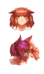 Rule 34 | 1girl, :3, absurdres, angry, animal ears, warrior of light (ff14), bad id, bad pixiv id, cat ears, commentary, commission, cropped shoulders, ears down, english commentary, facial mark, final fantasy, final fantasy xiv, floating hair, highres, laughing, looking at viewer, looking away, looking up, miqo&#039;te, multiple views, portrait, red eyes, red hair, round teeth, seneka grafika, sidelocks, simple background, slit pupils, teeth, twintails, whisker markings, white background
