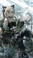 Rule 34 | 1girl, absurdres, animal ears, arknights, bandaged leg, bandages, black ribbon, book, book stack, camisole, cat ears, commentary, grey eyes, grey skirt, hair ribbon, highres, holding, holding book, infection monitor (arknights), long hair, mint (arknights), mint (elite ii) (arknights), ribbon, silver hair, skirt, solo, vyragami