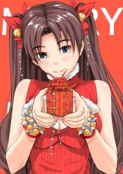 Rule 34 | 1girl, artist request, bare shoulders, bell, blue eyes, blush, breasts, brown hair, christmas, fate/stay night, fate (series), gift, head tilt, incoming gift, looking at viewer, medium breasts, nonh (wormoftank), ribbon, simple background, sleeveless, smile, solo, tohsaka rin, twintails, two side up, upper body