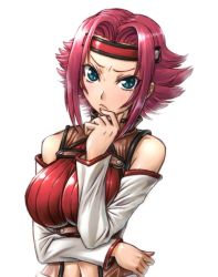 Rule 34 | 1girl, amania orz, arm under breasts, bare shoulders, blue eyes, breast press, breasts, code geass, detached sleeves, headband, kouzuki kallen, large breasts, looking at viewer, midriff, navel, red hair, shiny clothes, short hair, sleeveless, sleeveless turtleneck, solo, turtleneck, white background