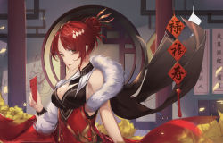 Rule 34 | 1girl, bare shoulders, breasts, china dress, chinese clothes, chinese new year, cleavage, dress, forehead, hair ornament, highres, holding, hongbao, honkai (series), honkai impact 3rd, indoors, lipstick, looking at viewer, makeup, mole, mole on breast, murata himeko, murata himeko (vermillion knight), red dress, red hair, sleeveless, sleeveless dress, solo, yellow eyes, yk93