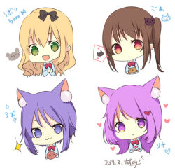 Rule 34 | 4girls, :&gt;, :3, :d, animal ear fluff, animal ears, azu torako, blonde hair, blue shirt, bow, brown hair, cat ears, cat hair ornament, chibi, closed mouth, collared shirt, cropped torso, dated, green eyes, hair between eyes, hair ornament, heart, holding, multiple girls, open mouth, original, purple eyes, purple hair, red bow, red eyes, shirt, signature, simple background, smile, sparkle, spoken animal, spoken heart, translation request, upper body, v-shaped eyebrows, white background