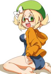 Rule 34 | 10s, alternate costume, ass, bianca (pokemon), blonde hair, blue one-piece swimsuit, colored eyelashes, creatures (company), from side, full body, game freak, glasses, green eyes, green hat, hat, kotomuke fuurin, nintendo, one-piece swimsuit, pocket, pokemon, pokemon bw, pokemon bw2, short hair, simple background, sitting, solo, spread legs, swimsuit, swimsuit under clothes, teeth, thighs, upper teeth only, white background