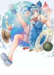 Rule 34 | 1girl, absurdres, bloomers, blue bow, blue dress, blue footwear, blue hair, bow, brown hat, cirno, closed mouth, commentary request, dress, food, fruit, full body, hair bow, hat, highres, innertube, korukua, looking at viewer, short hair, short sleeves, smile, solo, straw hat, swim ring, touhou, underwear, watermelon