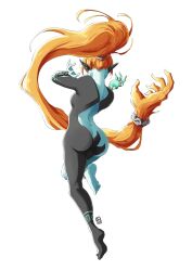 Rule 34 | 1girl, arms up, artist logo, ass, automatic giraffe, back, barefoot, black skin, blue skin, colored skin, completely nude, dimples of venus, facing away, foot up, from behind, full body, green skin, high ponytail, highres, jewelry, long hair, midna, midna (true), multicolored skin, neck, nintendo, nude, orange hair, pointy ears, prehensile hair, ring, soles, solo, the legend of zelda, the legend of zelda: twilight princess, toes, very long hair