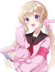 Rule 34 | &gt; &lt;, 1girl, :d, armband, black sailor collar, blonde hair, blush, cardigan, commentary, fang, hair ornament, highres, holding, holding knife, holding stuffed toy, knife, long hair, long sleeves, looking at viewer, natori sana, neckerchief, official alternate costume, open mouth, pink cardigan, rabbit hair ornament, red armband, red eyes, red neckerchief, sailor collar, sana channel, sanz zzz, simple background, smile, solo, stuffed animal, stuffed rabbit, stuffed toy, upper body, very long hair, virtual youtuber