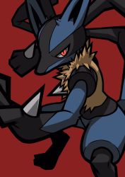 Rule 34 | closed mouth, creatures (company), furry, game freak, gen 4 pokemon, highres, looking at viewer, lucario, mega lucario, mega pokemon, nintendo, omoti sakamoto, orange eyes, pokemon, pokemon (creature), red background, simple background, solo, spikes, yellow fur