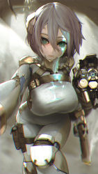Rule 34 | 1girl, absurdres, blurry, bodysuit, breasts, chromatic aberration, closed mouth, cowboy shot, depth of field, expressionless, eyelashes, foreshortening, green eyes, grey background, grey theme, gun, hair between eyes, handgun, head tilt, highres, hiragana oufu, holding, holding gun, holding weapon, holster, joints, large breasts, leaning forward, lips, looking at viewer, original, robot joints, short hair, silver hair, solo, weapon