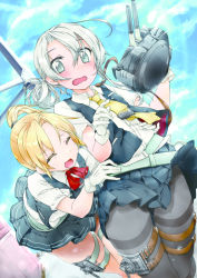 Rule 34 | 10s, 2girls, absurdres, asymmetrical hair, ayuya naka no hito, belt, blonde hair, blouse, blue sky, blush, buttons, cannon, closed eyes, cloud, cloudy sky, flipped hair, gloves, grey eyes, hair ornament, hands on another&#039;s hips, highres, kantai collection, leaning forward, long hair, machinery, maikaze (kancolle), multiple girls, necktie, nowaki (kancolle), open mouth, pantyhose, parted bangs, pleated skirt, ponytail, red ribbon, ribbon, school uniform, scrunchie, serafuku, shirt, short hair, short ponytail, short sleeves, silver hair, skirt, sky, smile, surprised, sweatdrop, swept bangs, thigh strap, thighband pantyhose, turret, vest, wavy mouth, white gloves, white shirt, wind, wind lift, yellow necktie