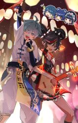Rule 34 | + +, 2boys, 3girls, artist name, blue eyes, blue hair, child, chinese clothes, chongyun (genshin impact), commentary request, electric guitar, fingerless gloves, genshin impact, gloves, guitar, highres, instrument, lantern, male focus, microphone, multiple boys, multiple girls, one eye closed, smile, stage, teeth, upper teeth only, xiangling (genshin impact), xingqiu (genshin impact), xinyan (genshin impact), yellow eyes, yui 4293, yun jin (genshin impact)