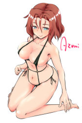 Rule 34 | 10s, 1girl, azumi (girls und panzer), barefoot, blue eyes, blush, bob (you-u-kai), breasts, brown hair, character name, cleavage, closed mouth, full body, girls und panzer, kneeling, large breasts, looking at viewer, navel, short hair, simple background, sitting, slingshot swimsuit, smile, solo, swimsuit, thigh gap, wariza, white background