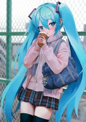 Rule 34 | 1girl, bag, bag charm, black thighhighs, blue eyes, blue hair, blurry, blurry background, blush, cardigan, chain-link fence, character doll, charm (object), coffee cup, commentary request, cowboy shot, cup, disposable cup, fence, hair between eyes, hair ornament, hands up, hatsune miku, heart, heart-shaped pupils, highres, holding, holding cup, jacket, leaning back, long hair, long sleeves, looking at viewer, miniskirt, outdoors, parted lips, pink cardigan, pink jacket, pink scarf, plaid, plaid scarf, plaid skirt, pleated skirt, scarf, school bag, school uniform, skirt, solo, symbol-shaped pupils, takepon1123, thighhighs, tom (tom and jerry), tom and jerry, twintails, very long hair, vocaloid, zettai ryouiki