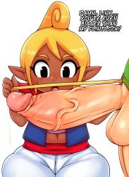 Rule 34 | 1boy, 1girl, absurdres, blonde hair, clothed female nude male, english text, erection, highres, huge penis, link, mato spectoru, measuring, midriff, navel, nintendo, nude, penis, penis awe, penis measuring, precum, precum string, tan, tetra, the legend of zelda, the legend of zelda: the wind waker, uncensored, veins, veiny penis