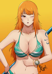 Rule 34 | 1girl, absurdres, bikini, bikini top pull, breasts, cleavage, green bikini, hand on own hip, highres, large breasts, long hair, looking at viewer, nami (one piece), navel, one eye closed, one piece, open mouth, orange eyes, orange hair, pole, solo, swimsuit, teasing