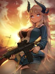 Rule 34 | + +, 1girl, ar-15, bomber jacket, breasts, cleavage, clickdraws, commission, escape from tarkov, gun, highres, horns, indie virtual youtuber, jacket, large breasts, link ez (vtuber), pointy ears, rifle, self-upload, shorts, sunlight, torn clothes, virtual youtuber, weapon, white hair